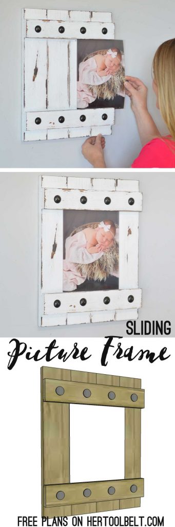 Change out your photo prints super easy with a sliding farmhouse style frame. Make these cute frames out of wood with free plans