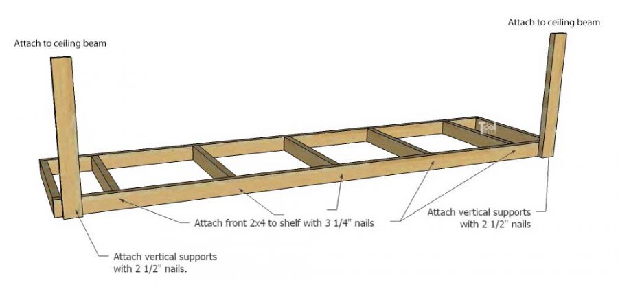 Take advantage of that empty space above your garage door. Build an overhead garage storage shelf perfect for seasonal storage items. 