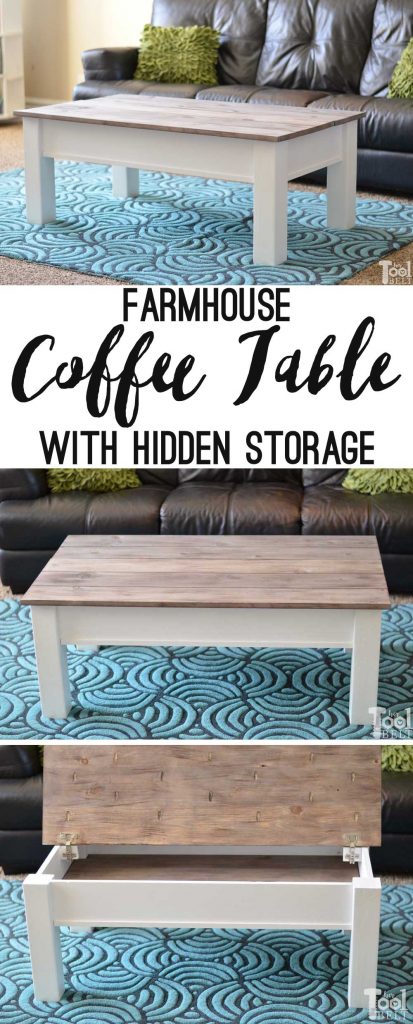 Simple farmhouse style coffee table with weathered wood top. This coffee table has a hidden gem, flip open the top for lots of storage space. Free plans