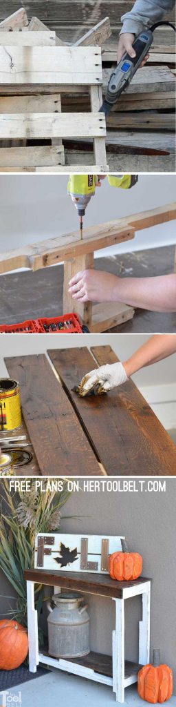 Grab a couple of free pallets and make a cute farmhouse style entry table for the front porch! Free plans and tutorial to build this pallet porch table.