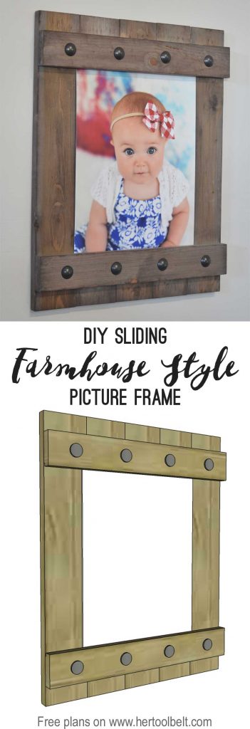 Change out your photo prints super easy with a sliding farmhouse style frame. Make these cute frames out of wood for as little as $5. Free plans