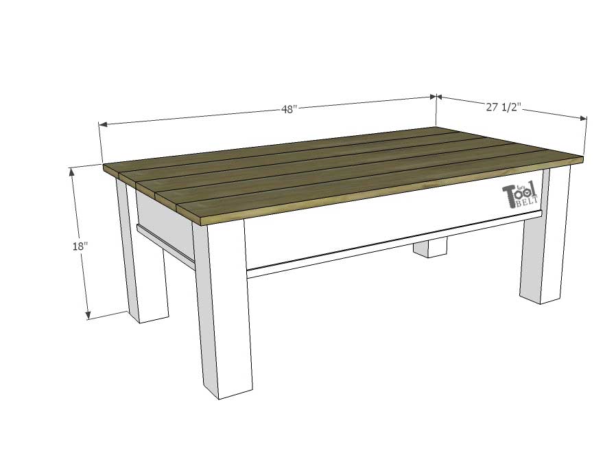 Simple farmhouse style coffee table with weathered wood top. This coffee table has a hidden gem, flip open the top for lots of storage space. Free plans