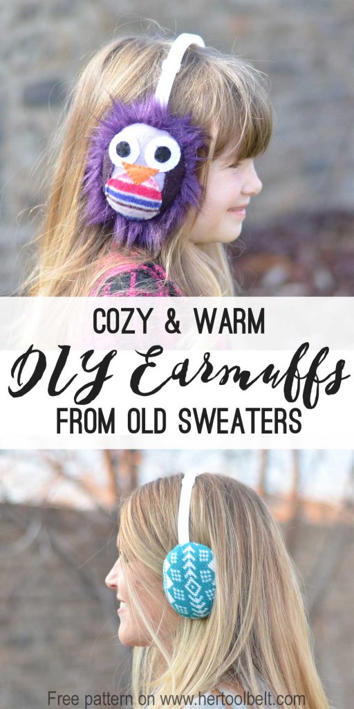 Stay warm and cozy with your own DIY earmuffs made from old sweaters. Free pattern on hertoolbelt.com