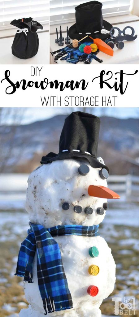 Do you want to build a Snowman? DIY snowman kit made out of wood, fleece and felt with a hat that doubles as the storage bag. Tutorial and free pattern with fun snowman accessories.