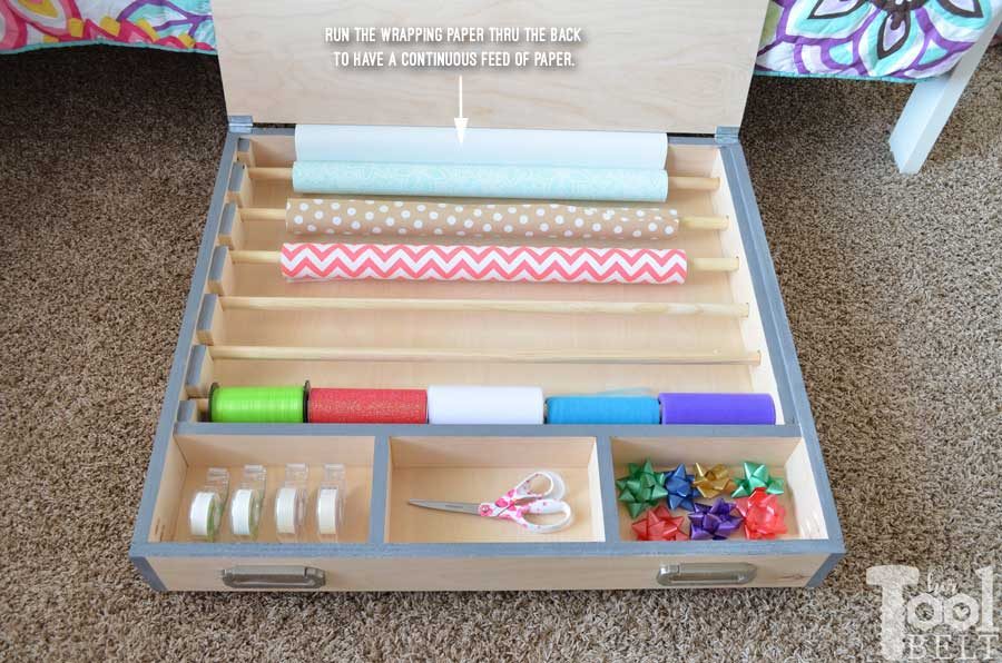 Save your closet space and store all of you wrapping supplies in a handy rolling gift wrap organizer. It easily slides under the bed and has lots of room for storage, plus a large solid top for wrapping. Free building plans!