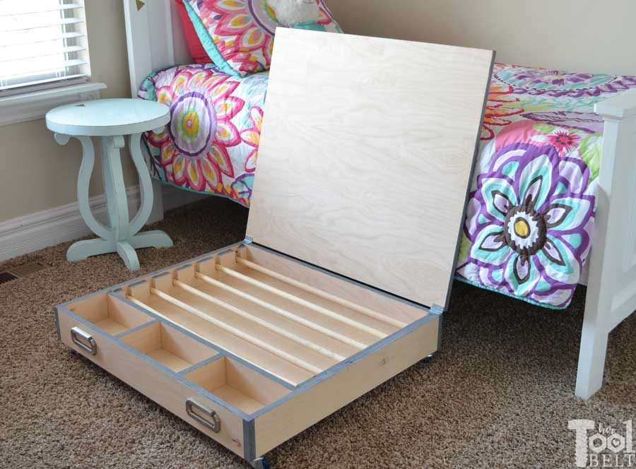 Save your closet space and store all of you wrapping supplies in a handy rolling gift wrap organizer. It easily slides under the bed and has lots of room for storage, plus a large solid top for wrapping. Free building plans!