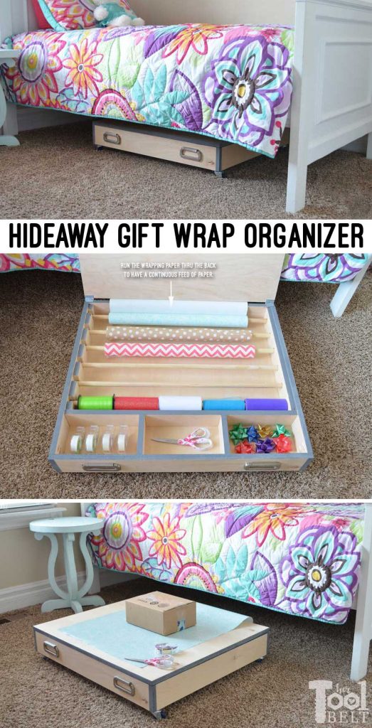 Save your closet space and store all of you wrapping supplies in a handy rolling gift wrap organizer. It easily slides under the bed and has lots of room for storage, plus a large solid top for wrapping. Free building plans!