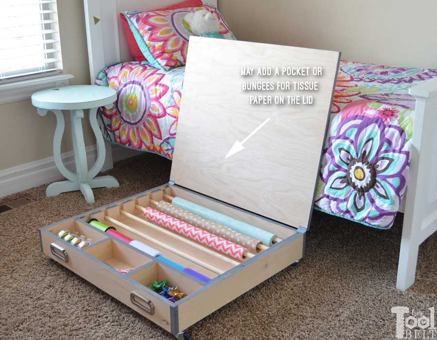 Save your closet space and store all of you wrapping supplies in a handy rolling gift wrap organizer. It easily slides under the bed and has lots of room for storage, plus a large solid top for wrapping. Free building plans!