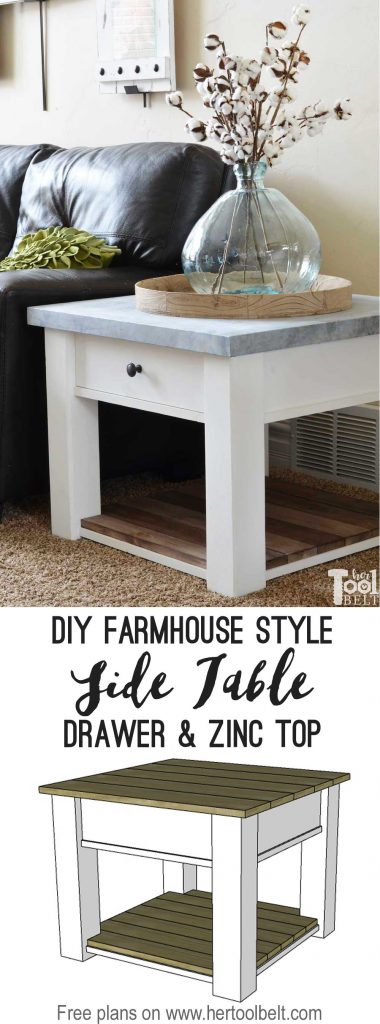 DIY farmhouse side table tutorial and free plans with optional drawer and zinc table top.