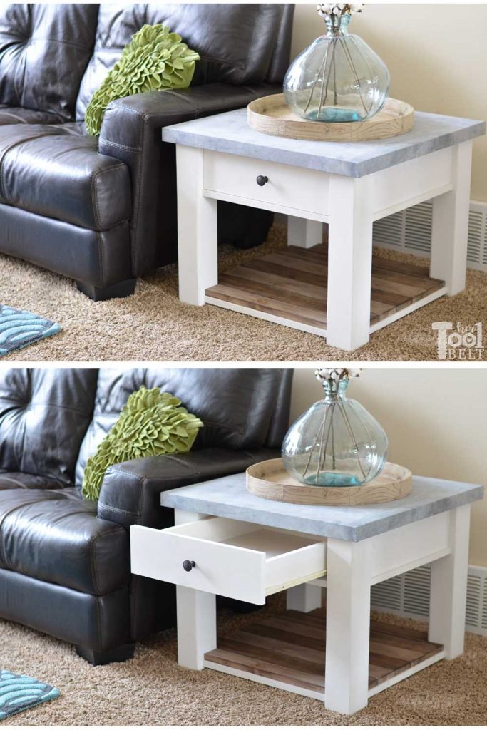 DIY farmhouse side table tutorial and free plans with optional drawer and zinc table top.