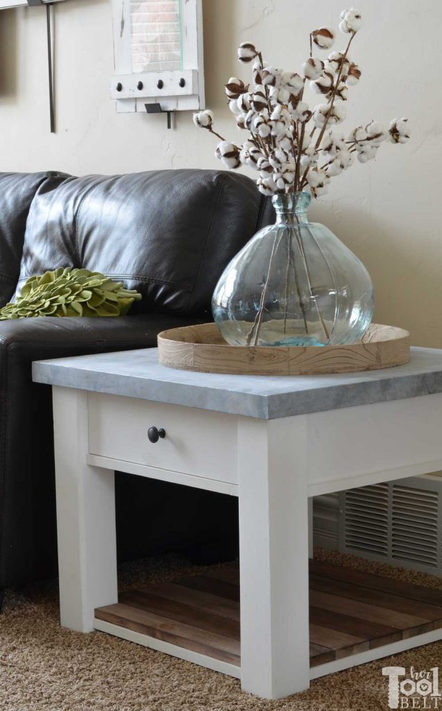 DIY farmhouse side table tutorial and free plans with optional drawer and zinc table top.