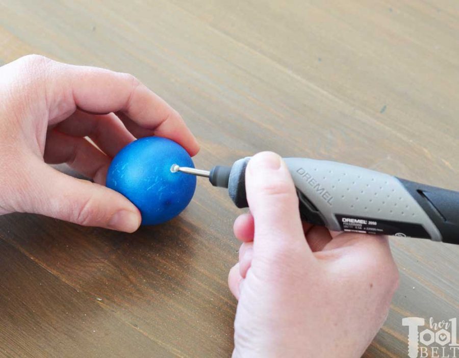 How to hollow out eggs for Easter egg decor. Use a dremel to make holes in the top and bottom.