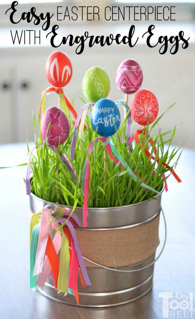 Make a cute and easy Easter centerpiece with engraved eggs. Perfect for spring or Easter egg decor.