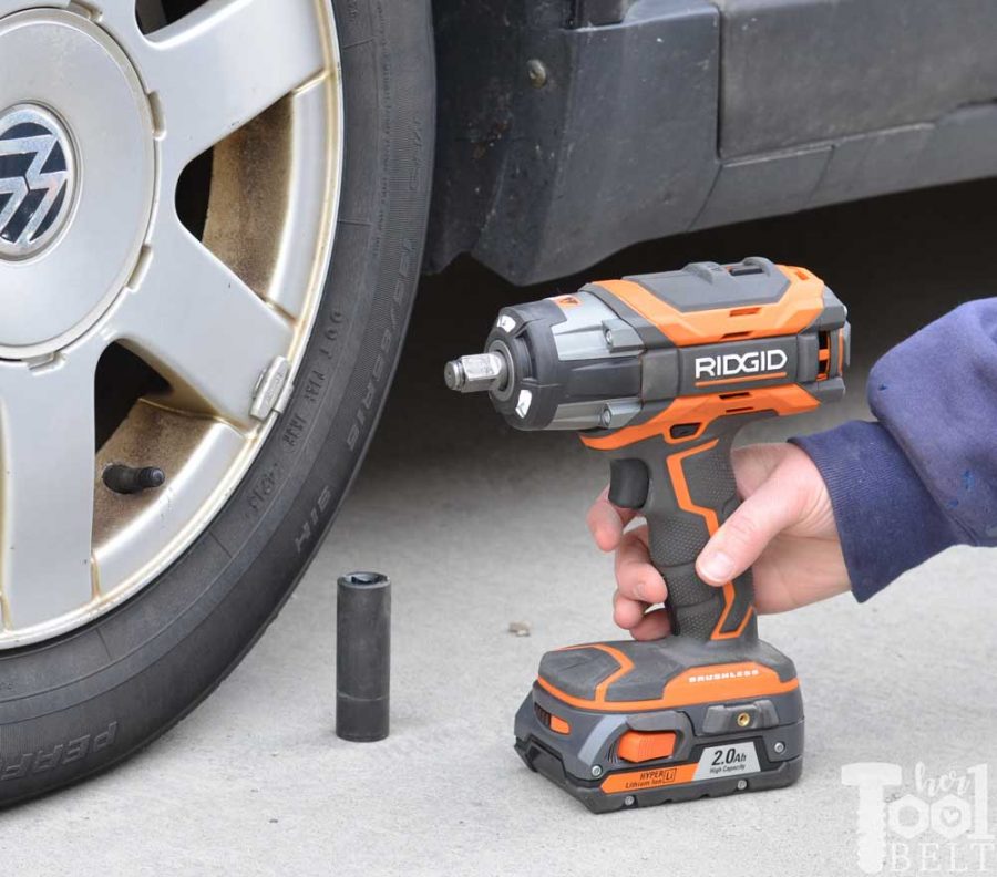 Use the Ridgid impact wrench to make changing a car tire quick and easy.