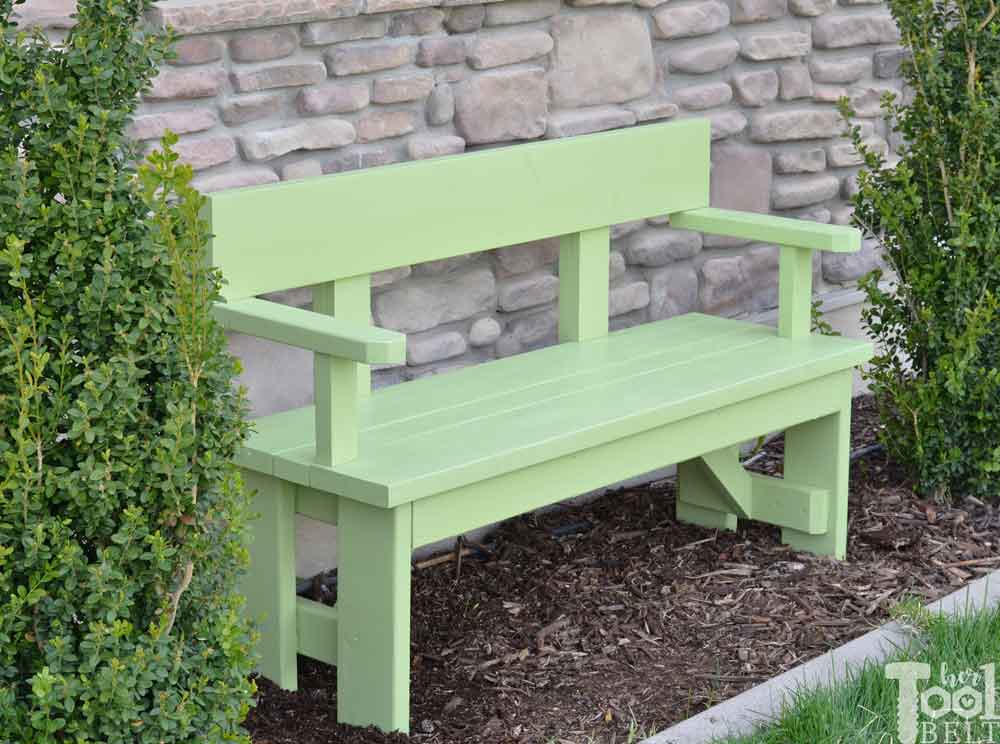 DIY Wood Bench with Back Plans - Her Tool Belt