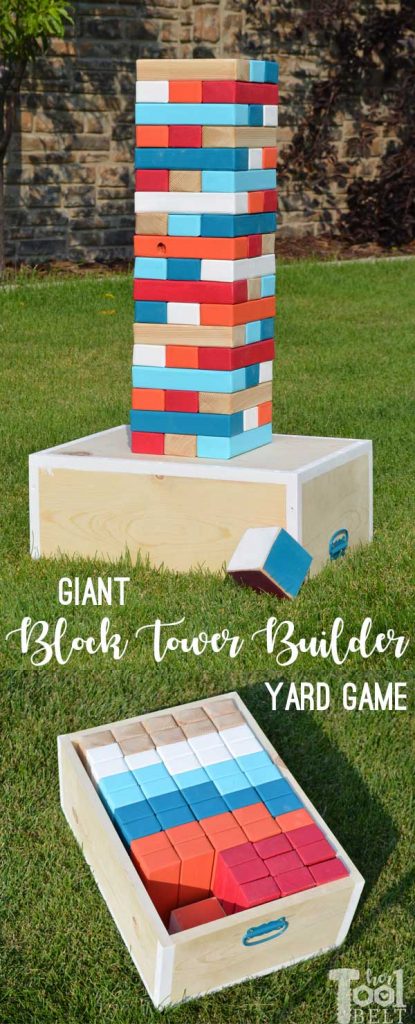 Make your own Giant Block Tower Builders yard game with a carrying crate that doubles as a playing stand. Add colored dice for a fun roll 'n go option to mix things up. Free plans to make yard game.