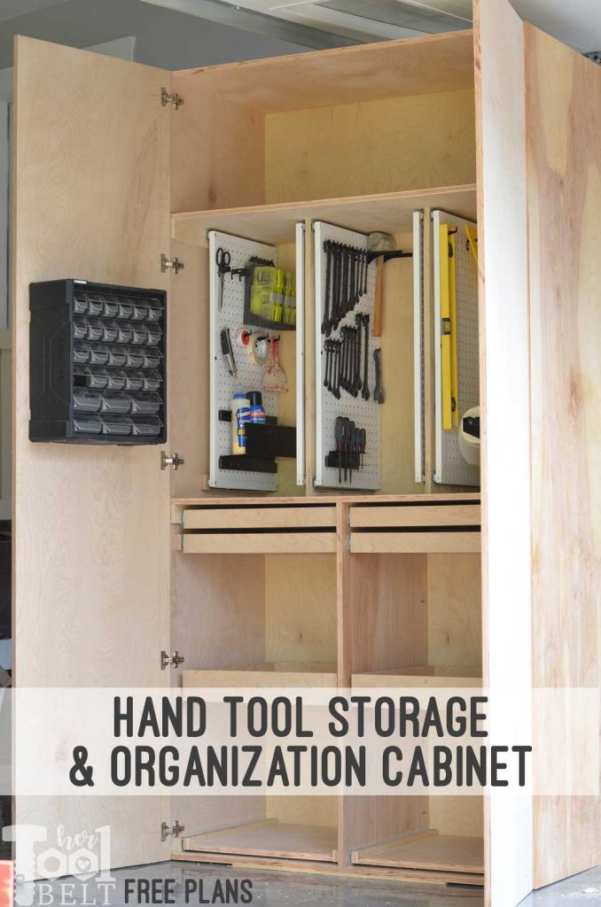 Build a garage cabinet with tons of storage space for your tools, supplies, and equipment. Pull out peg boards and drawers makes it easy to see everything and create a place for everything and have everything in it's place. Hand tool storage cabinet free plans.