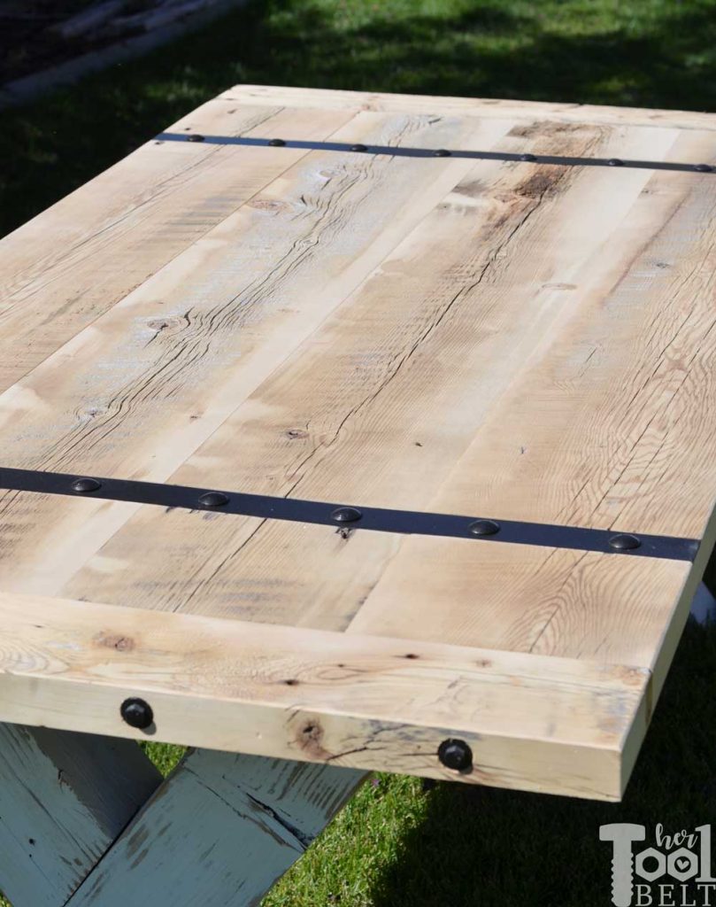 Super Chunky X Table free plans - reclaimed wood table top with metal inlay accents.