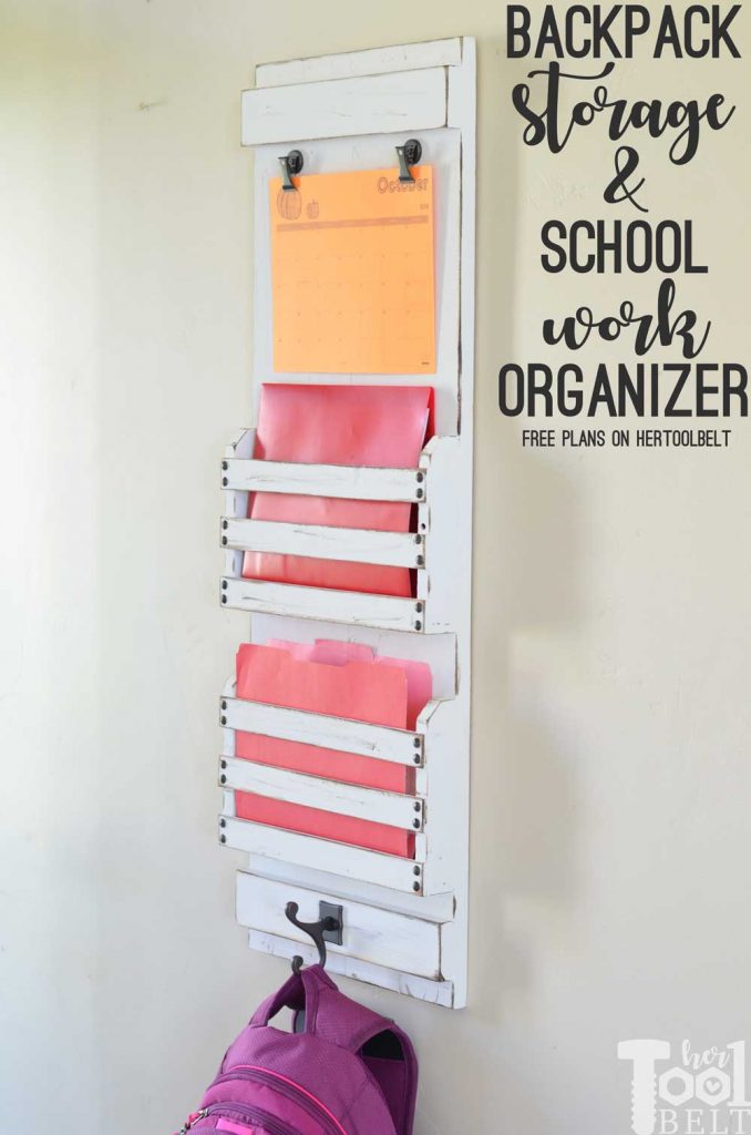 Need to organize the school work/papers and homework? Free plans to build a backpack storage & school work organizer. Build it for about $10 in wood.