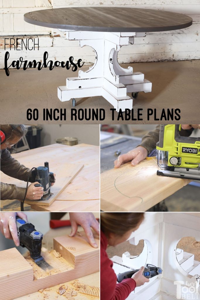 DIY french farmhouse style 60 inch round table plans. The lumber for this table runs about $85!