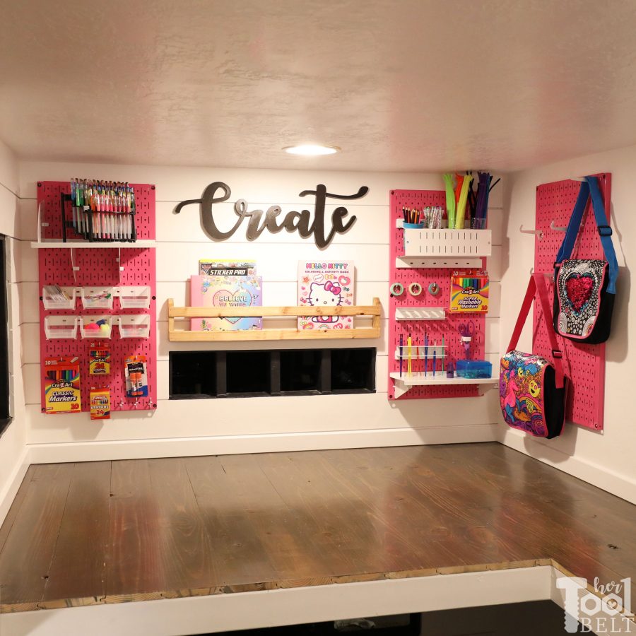 This Mom built a basement playhouse for her kids. It's really a toy room shaped like a modern farmhouse tiny house...come take a tour.