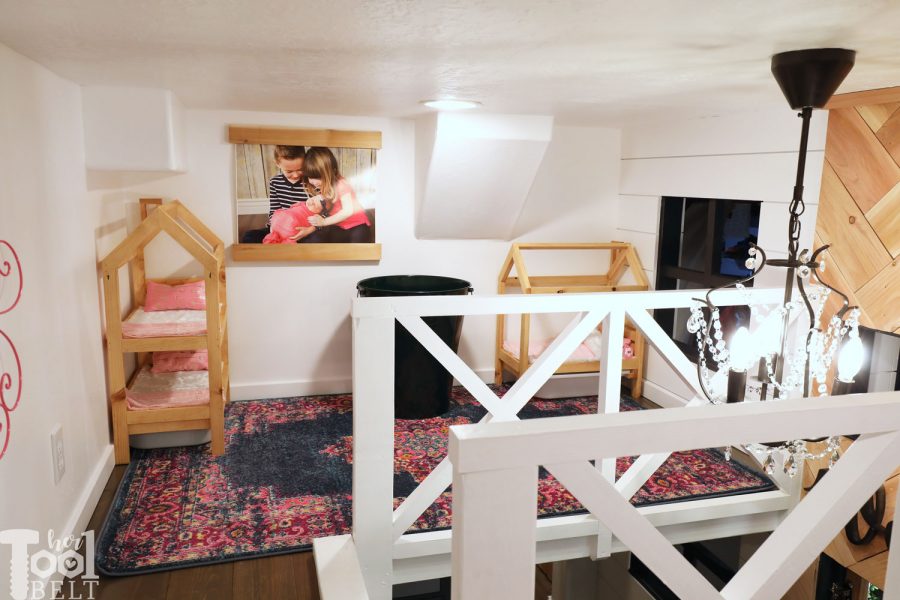 This Mom built a basement playhouse for her kids. It's really a toy room shaped like a modern farmhouse tiny house...come take a tour.