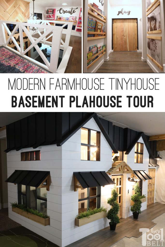 This Mom built a basement playhouse for her kids. It's really a toy room shaped like a modern farmhouse tiny house...come take a tour.