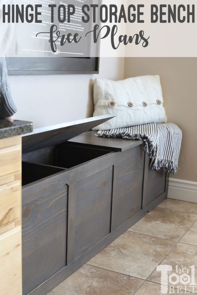Cute storage bench with hinge top. Great for storing backpacks and supplies. Free build plans on hertoolbelt. 