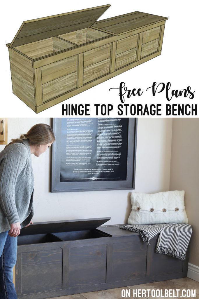 Cute storage bench with hinge top. Great for storing backpacks and supplies. Free build plans on hertoolbelt. 