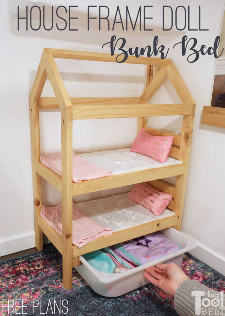 18" Doll bunk bed in the shape of a tiny house with optional pull out storage. Free plans