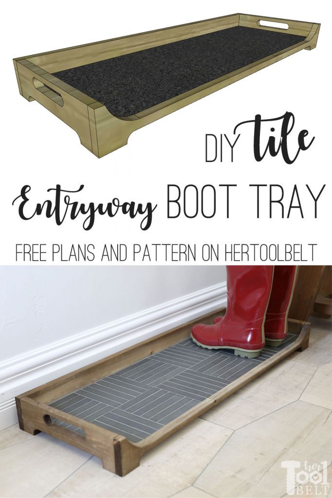 Build a DIY Boot Tray with a tile base for the entryway. It's a simple project that is great for giving guest a place to drop their (wet) boots and shoes. Free plans and pattern on Hertoolbelt.com. 