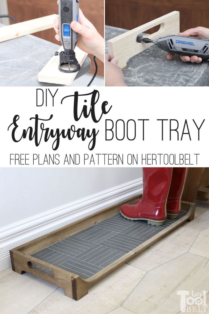 Build a DIY Boot Tray with a tile base for the entryway. It's a simple project that is great for giving guest a place to drop their (wet) boots and shoes. Free plans and pattern on Hertoolbelt.com. 