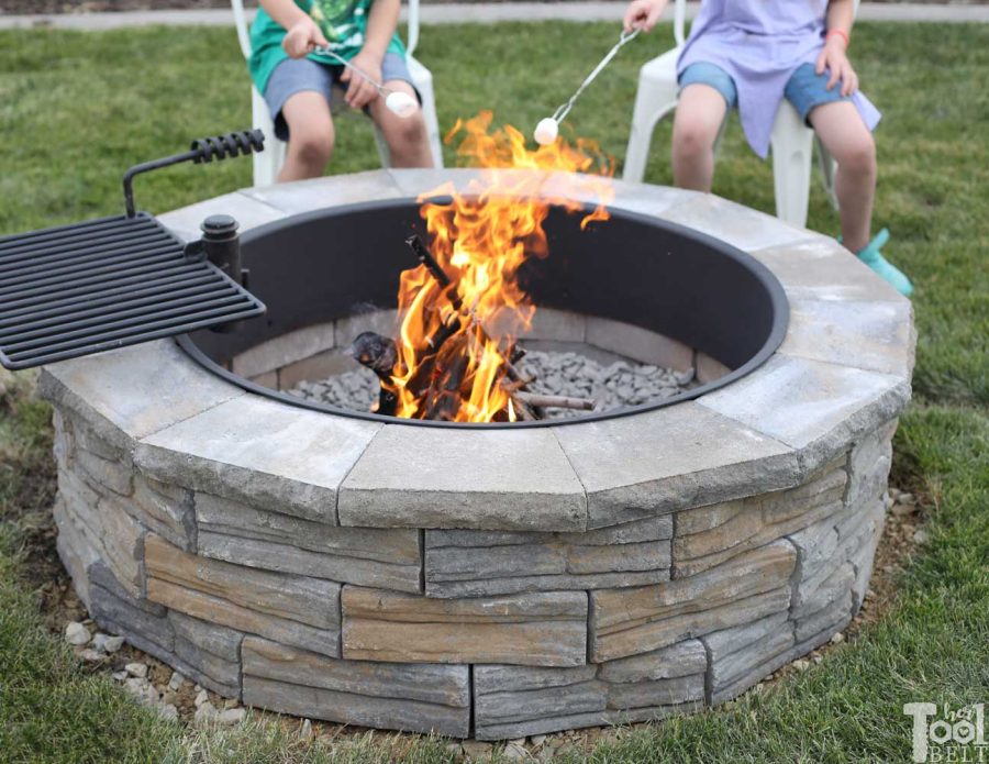 How to build a DIY backyard firepit with wall blocks from Home Depot. Roasting marshmallows for S'mores.
