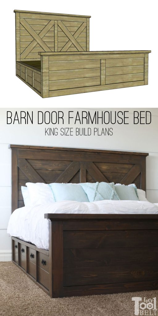 Build a barn door farmhouse bed with X headboard. Free king size bed building plans on hertoolbelt.com.