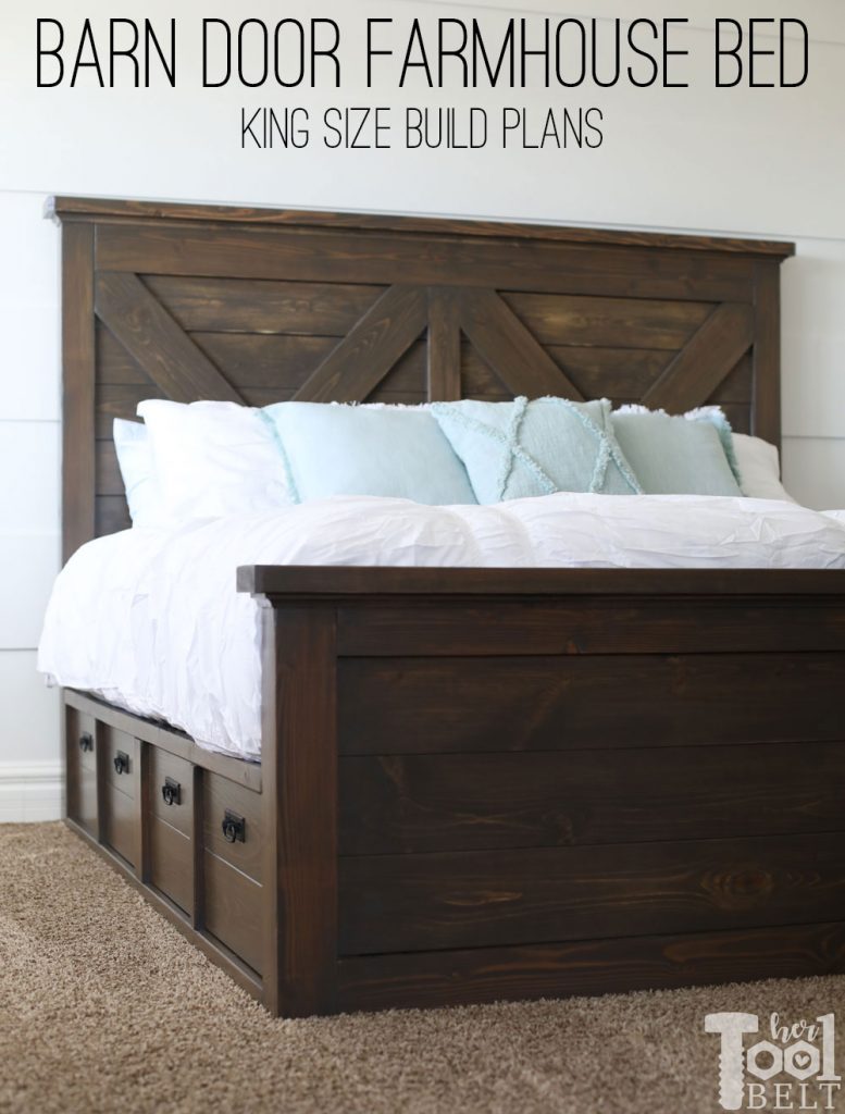 Build a barn door farmhouse bed with X headboard. Free king size bed building plans on hertoolbelt.com.
