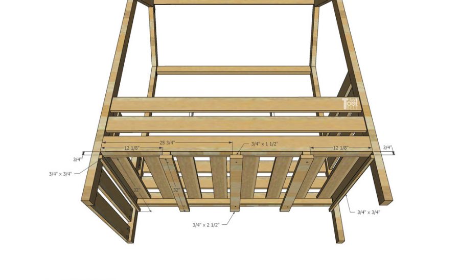 Free plans to build a house frame toddler bed with under the bed storage bins.