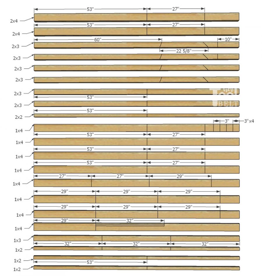 cut list - Free plans to build a house frame toddler bed with under the bed storage bins.