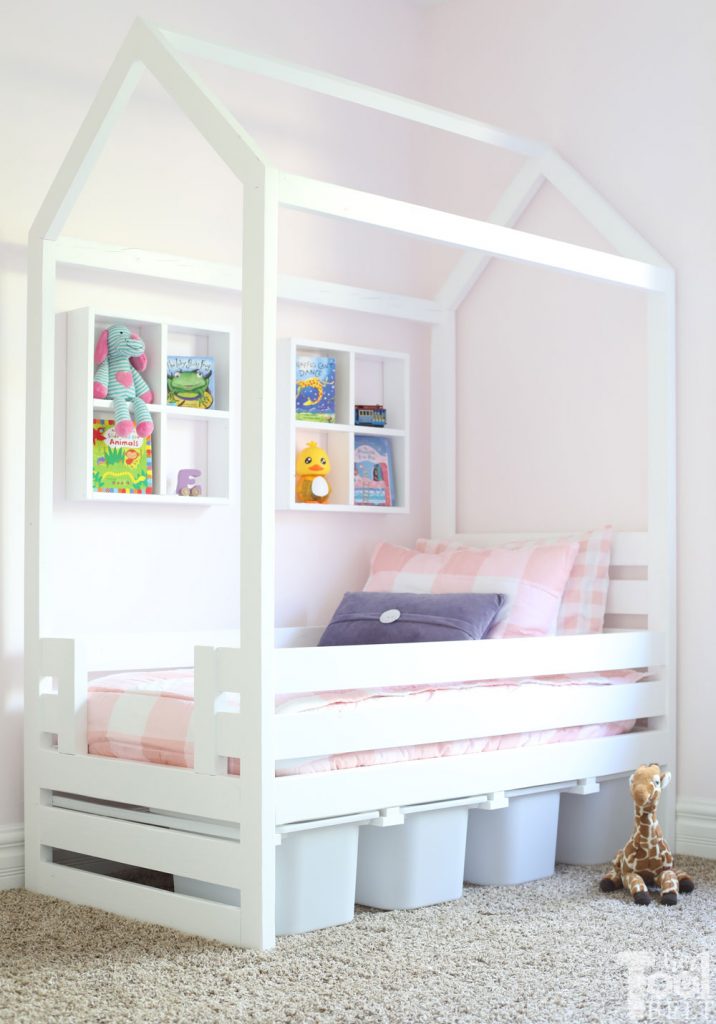 The perfect accessory for a 'house frame' bed, is accompanying window shadow box shelves. Build for as little as $2 each in lumber. 