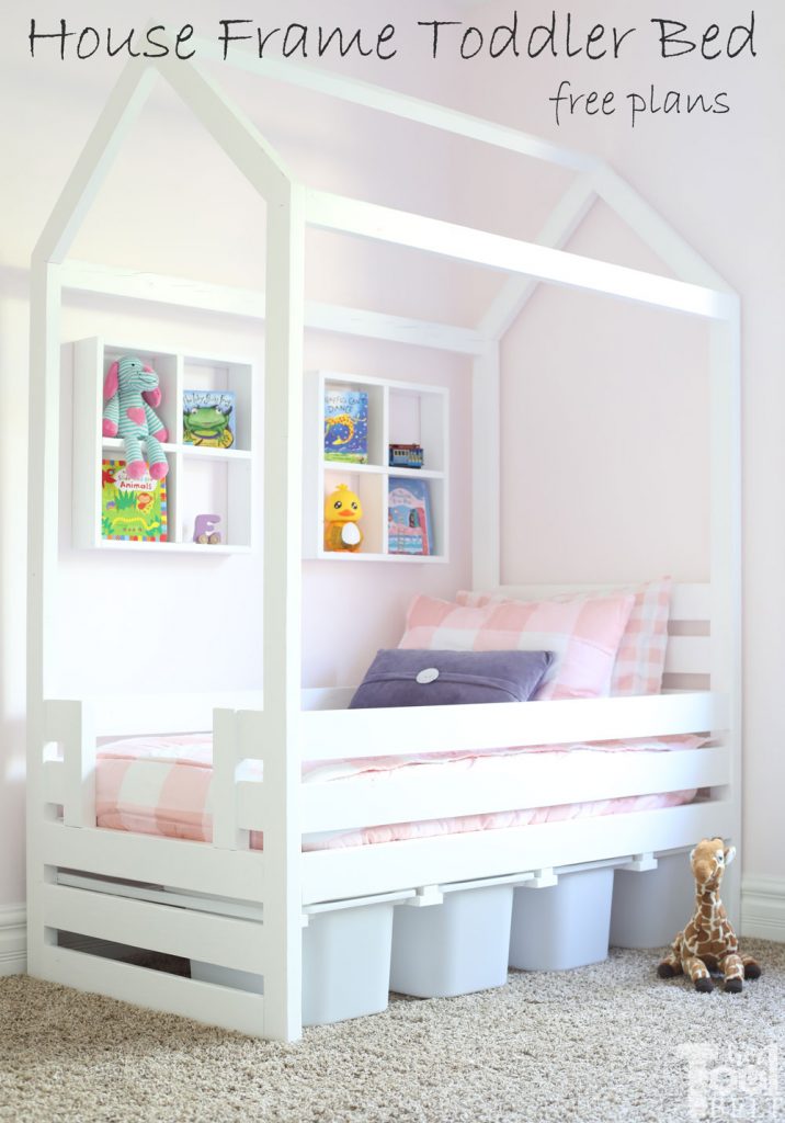 Free plans to build a house frame toddler bed with under the bed storage bins. The lumber price to build this bed is about $42! 