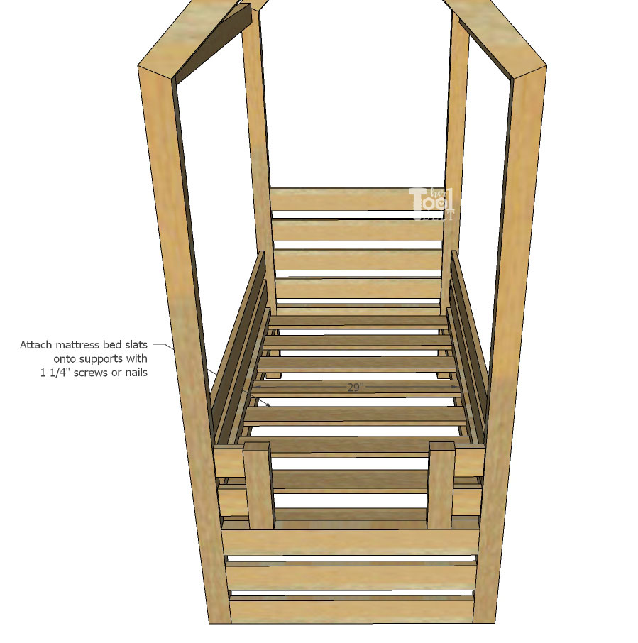 Free plans to build a house frame toddler bed with under the bed storage bins.