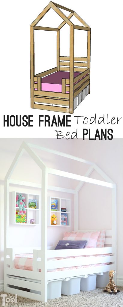 Free plans to build a house frame toddler bed with under the bed storage bins. The lumber price to build this bed is about $42! 