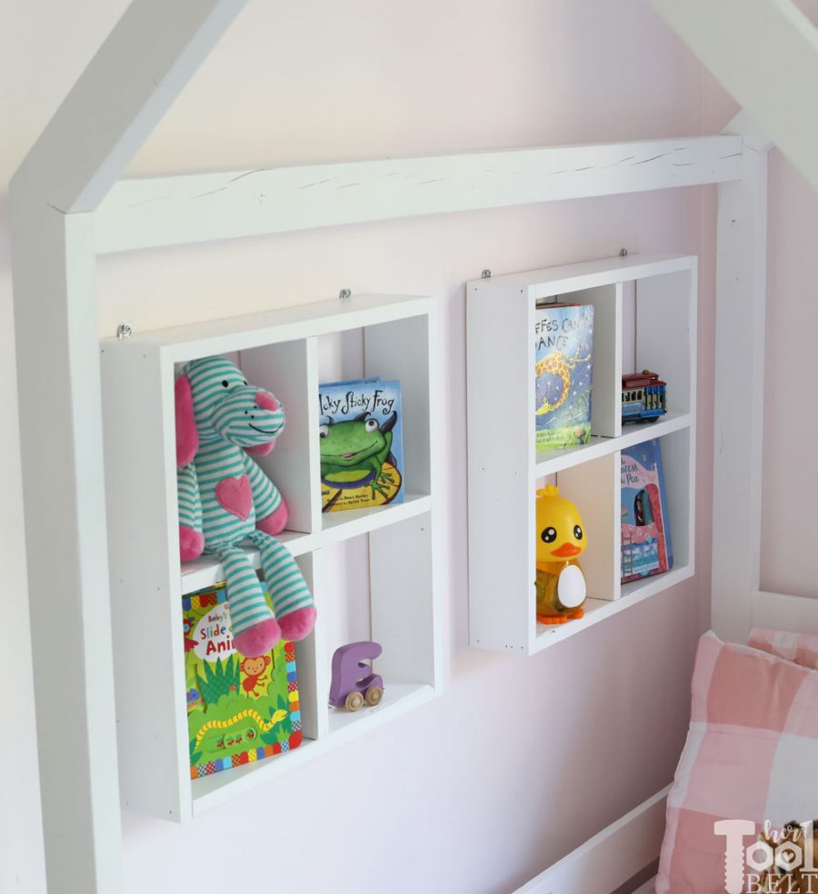 The perfect accessory for a 'house frame' bed, is accompanying window shadow box shelves. Build for as little as $2 each in lumber. 