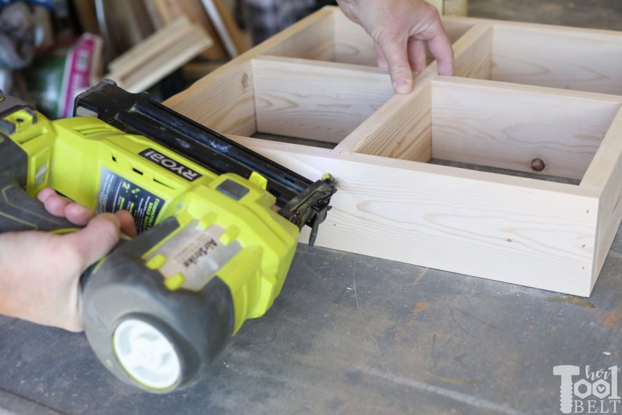 Using Ryobi airstrike to assembly window shadow box shelves.