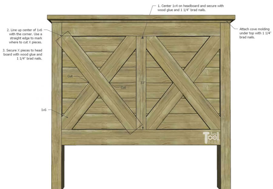 Building plans for a X barn door farmhouse style bed in queen size. 