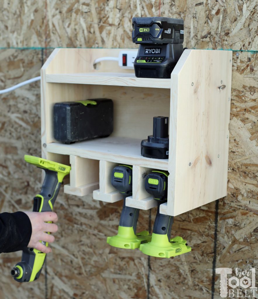 Organize your cordless drills and tools with a custom drill storage and charge station for about $20! Tell the plans how many tool stalls you want, and the free plans will customize your cut list. Free plans on hertoolbelt.com