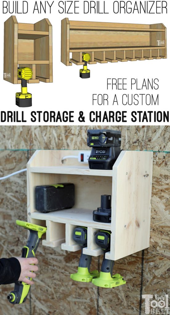 Organize your cordless drills and tools with a custom drill storage and charge station for about $20! Tell the plans how many tool stalls you want, and the free plans will customize your cut list. Free plans on hertoolbelt.com