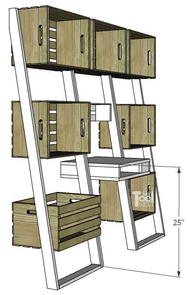 desk height. Free plans to build an easy leaning crate ladder bookshelf and desk system for kids. The crates are great to organize and store books and toys. Free plans on hertoolbelt.com 