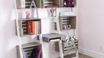 Leaning Crate Ladder Bookshelf and Desk