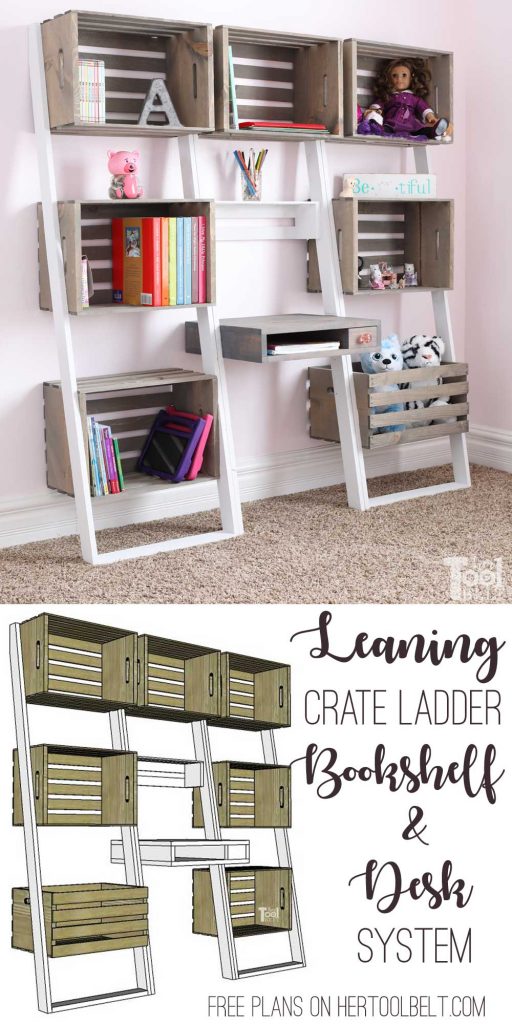 Free plans to build an easy leaning crate ladder bookshelf and desk system for kids. The crates are great to organize and store books and toys. Free plans on hertoolbelt.com 