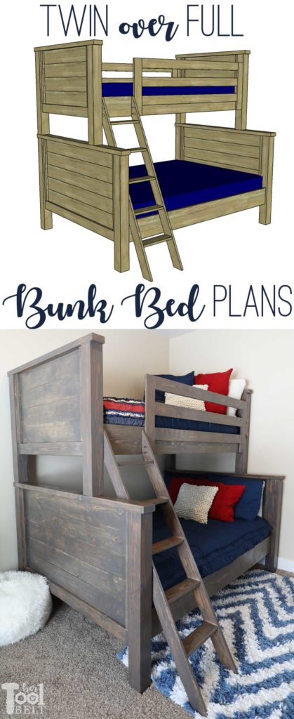 Save space in your kid's bedroom. Free plans to build a farmhouse style twin over full bunk bed.